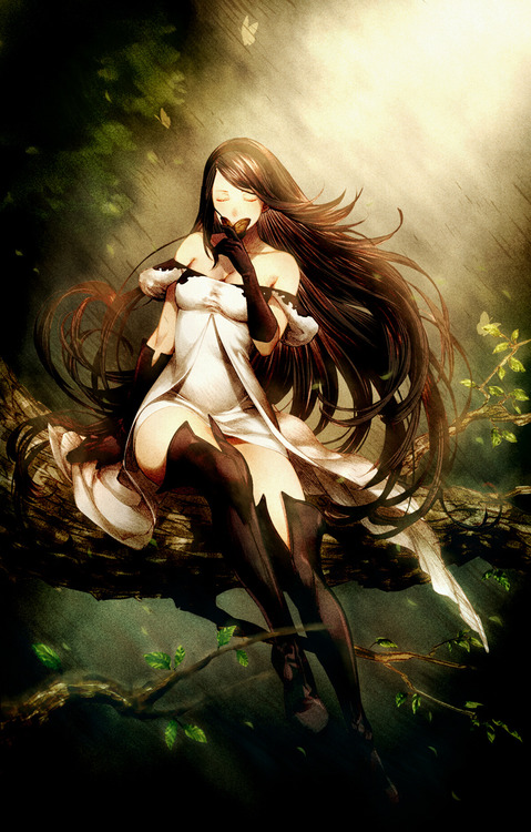 Woman with long black hair in a white dress, sitting on a tree branch, kissing a butterfly