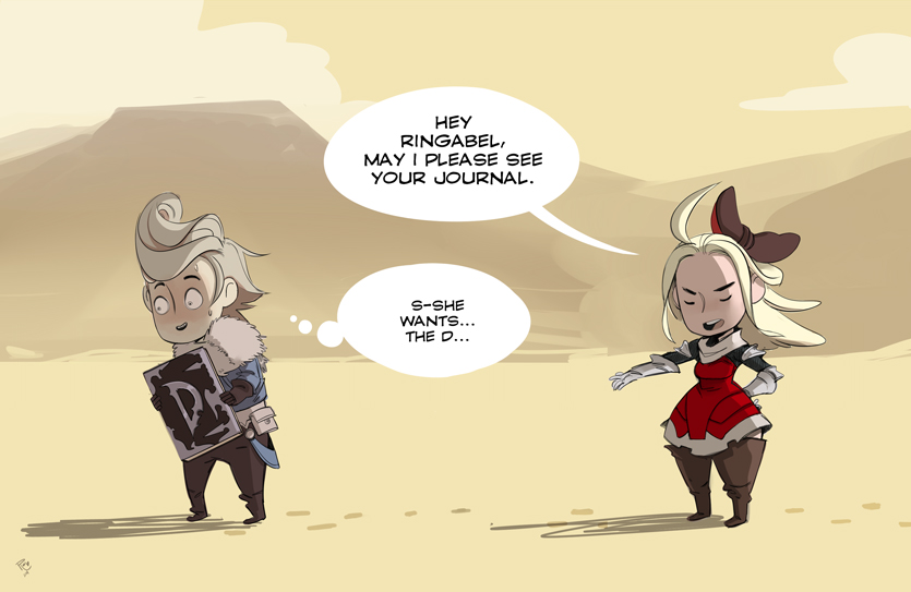 Comic depicting a conversation between Ringabel and Edea. Edea: 'Hey Ringabel, may I please see your journal.' Ringabel: 'S-she wants... the D...' (his journal has the letter D as its cover)