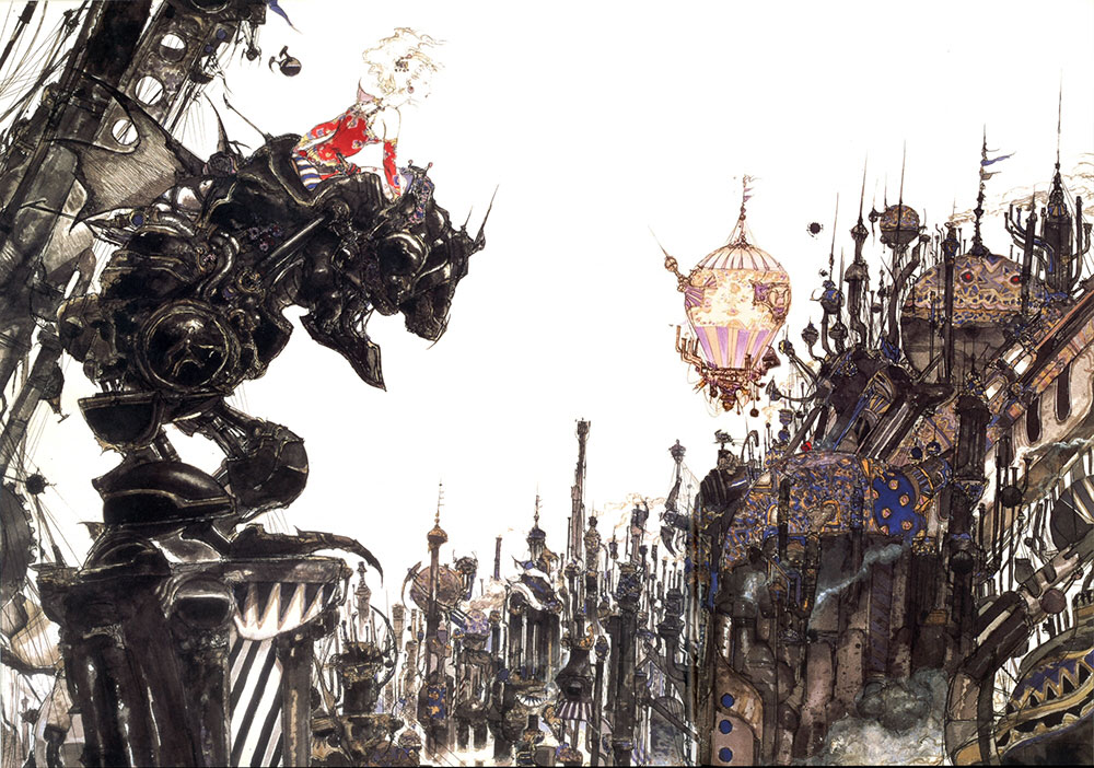 Final Fantasy VI cover art, Terra leans over her Magitek armor, overseeing the city below.
