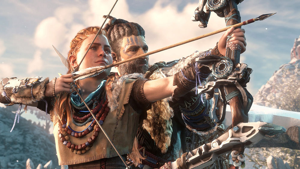 Aloy and Rost drawing a bow
