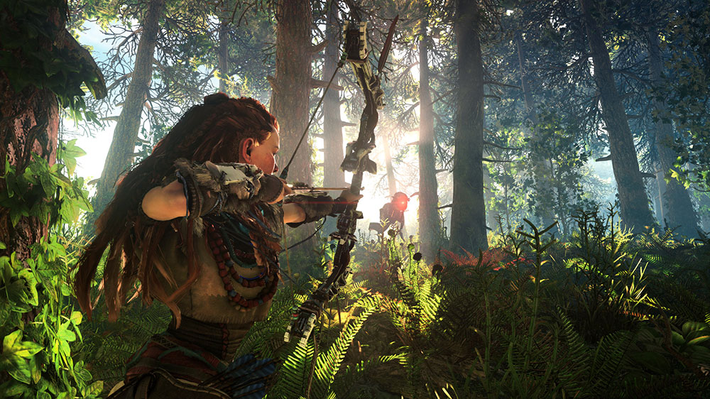 Aloy in a lush forest, aiming a bow at a robot dinosaur
