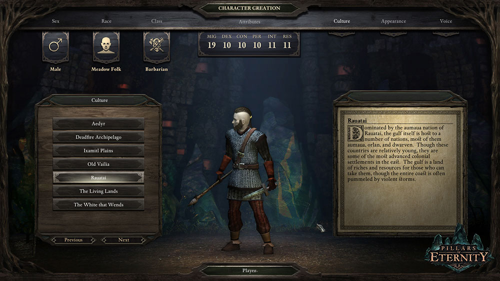 Character creation screen, showing a male barbarian and the seven cultures you can choose between