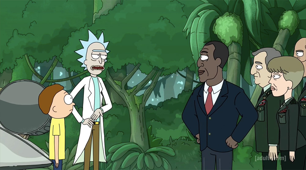 Rick and Morty talking to the President of the United States and some military officers in a jungle.