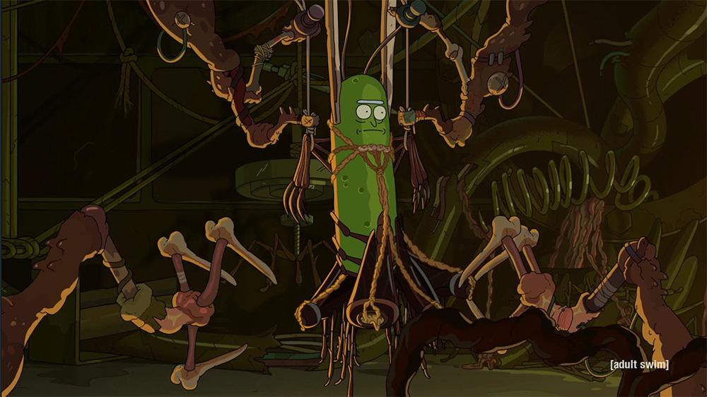Rick, as a pickle, being carried through a sewer assembly line he built out of rat parts.