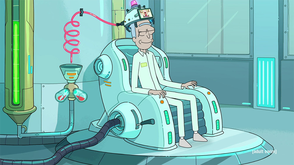 A Rick sits in a large metal chair with his eyes closed. On a helmet on his head, a movie about his daughter plays on a loop. A pink tube goes from the helmet to a collecting funnel.