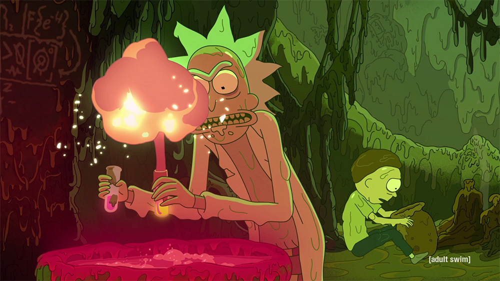 Rick, made of toxic materials, is mixing chemicals in a red cauldron. In the background, Toxic Morty is making pots.
