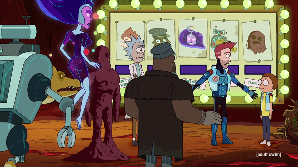 All five Vindicators, including Rick and Morty, stand in front of a game show-like board where you have to match the characters to their gimmicks.