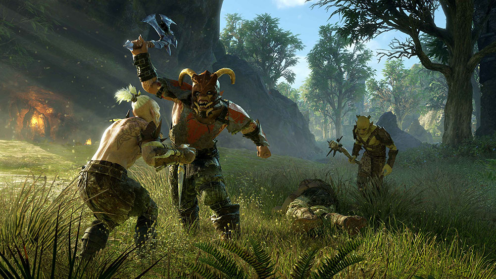 Two orcs fighting in a grassy field while a third orc looks at a dead body.