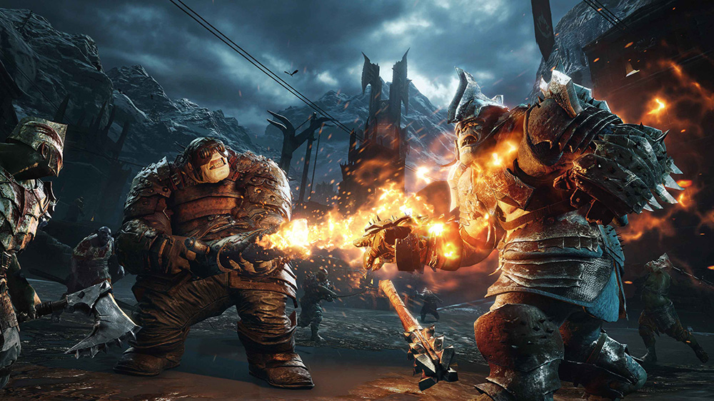 An orc weilding a fiery tube inflames another orc during a war in a mountainous region.