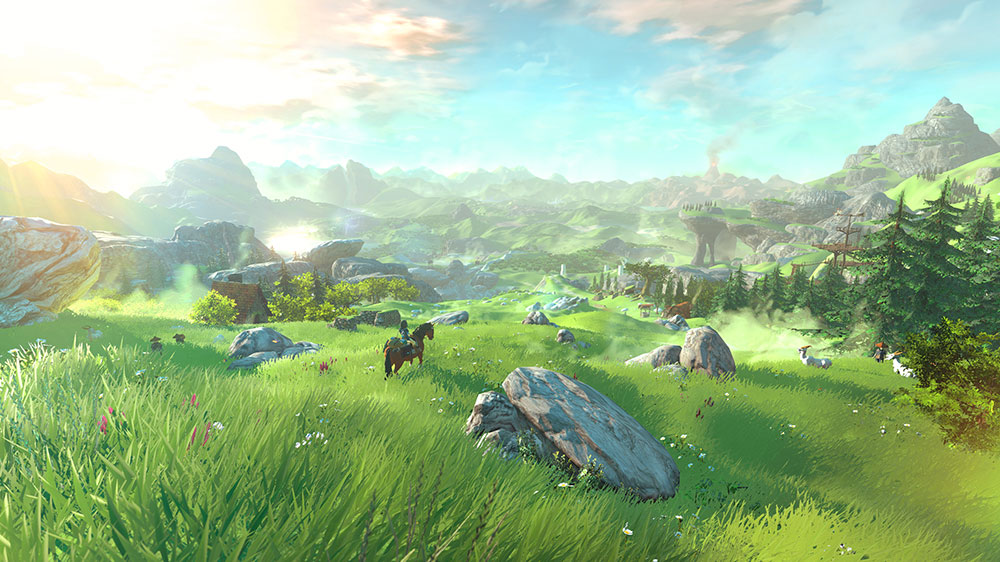 Link on a brown horse, overlooking a green valley
