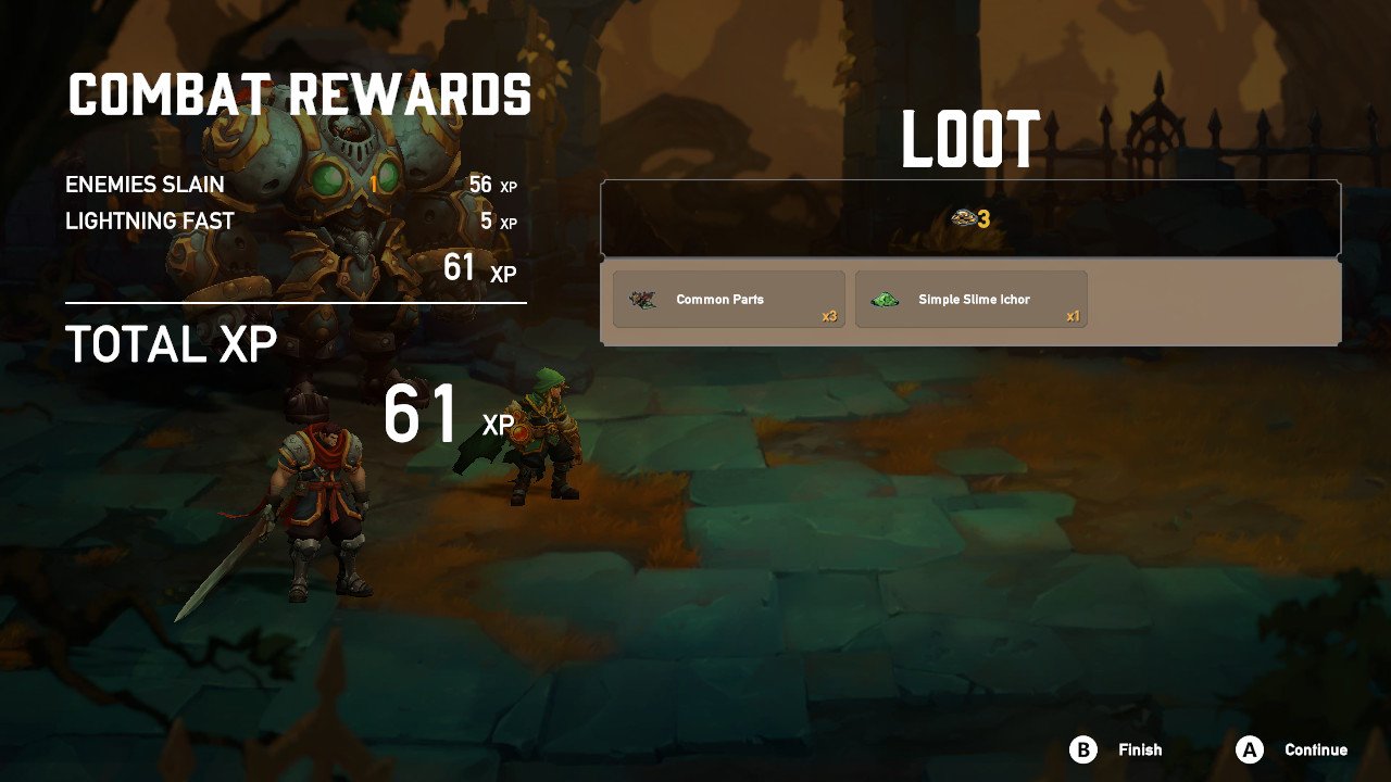 The combat victory screen shows the party earning 61 XP and 3 gold, as well as 3 common parts and 1 simple slime ichor.