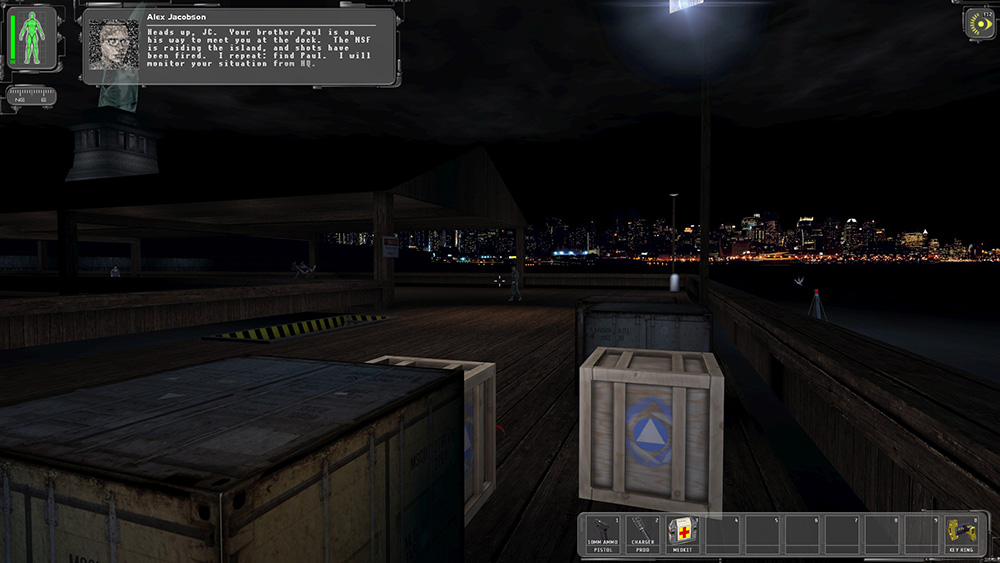 Nighttime view of docks overlooking New York. Some crates are visible in the foreground. A man named Alex Jacobson visible on a HUD element says: Heads up, JC. Your brother Paul is on his way to meet you at the dock. The NSF is raiding the island, and shots have been fired. I repeat: find Paul. I will monitor your situation from HQ.