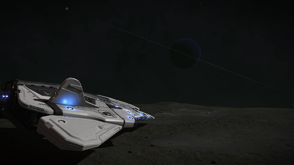 A white spaceship on a grey planet, overlooking a dark blue planet with a thin ring system