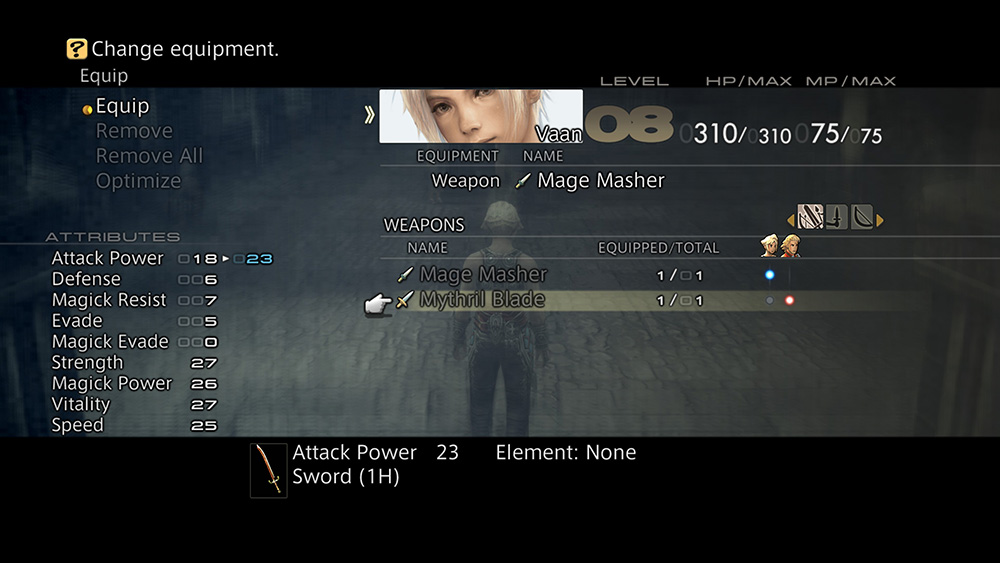 An interface screen showing a character considering upgrading his sword