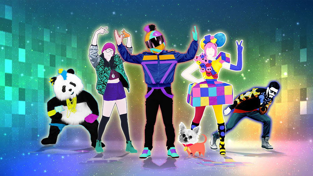 A panda, two women, two men, and a small dog pose theatrically in front of a colorful background