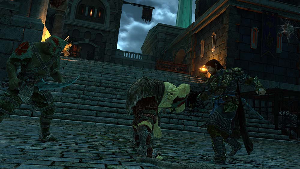 A human ranger stabs an orc in the head while another orc looks on in shock