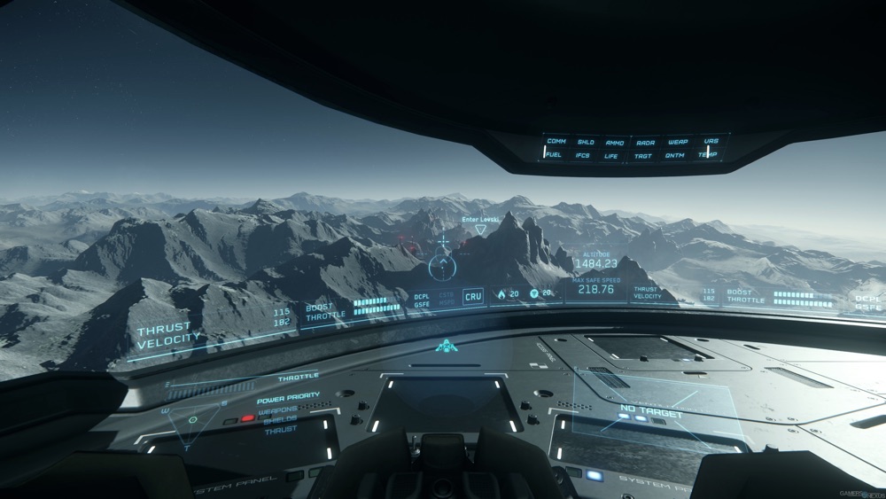 The cockpit of a large spaceship as it looks down on a craggy grey planet