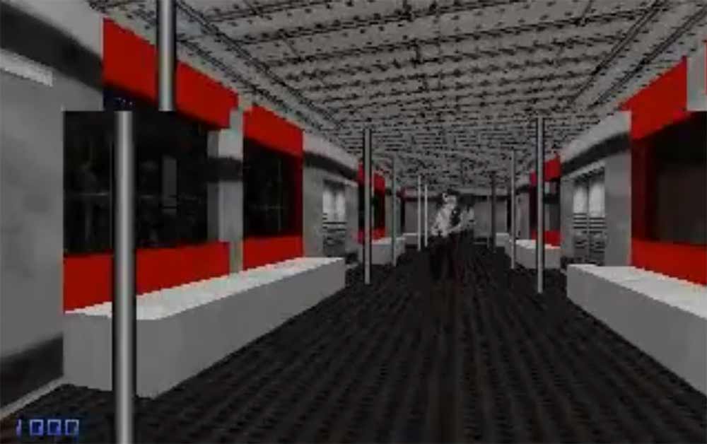 Screenshot of TekWar game, showing a futuristic subway interior