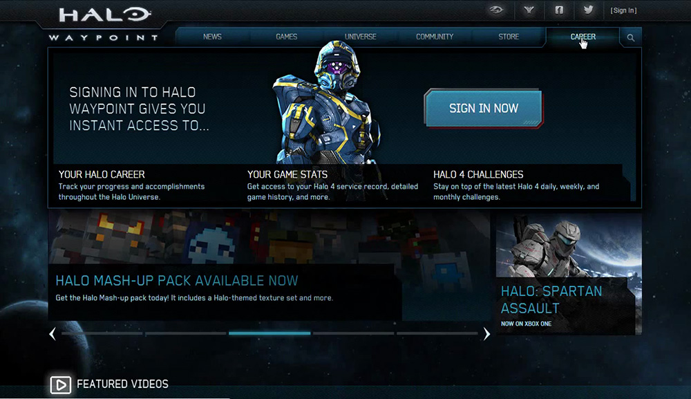 Halo Waypoint for the Halo 4 release, showing a Spartan soldier in the Career dropdown menu